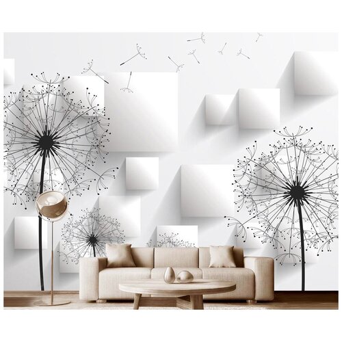Фотообои на стену флизелиновые Модный Дом Одуванчики с белыми квадратами 350x270 см (ШxВ), в спальню, гостиную
