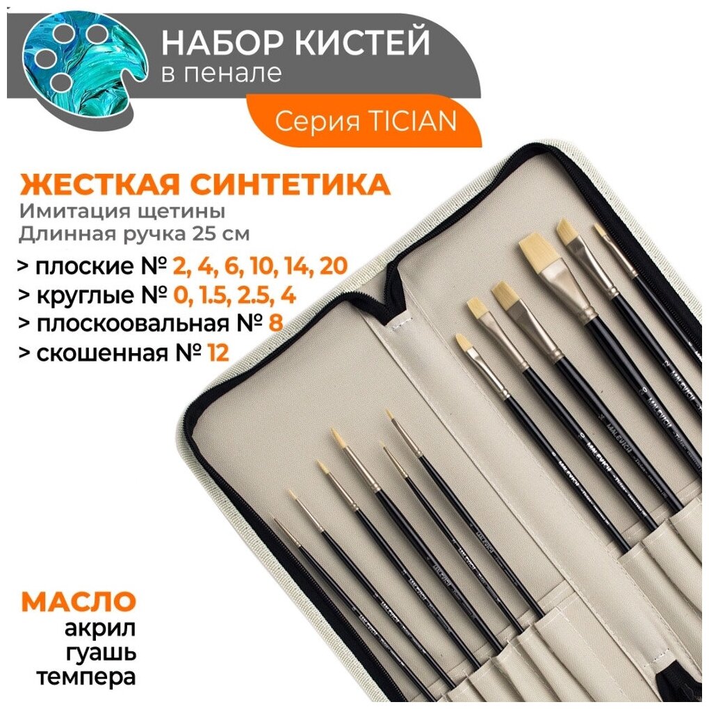 Набор кистей Тициан в пенале, бежевый, 12 шт. Состав набора: пенал "Малевичъ" для хранения кистей размер 15,5х37 см, цвет - бежевый, кисти Тициан круглые №0, 1,5, 2,5, 4, плоская №2, 4, 6, 10, 14, 20, плоскоовальная №8, скошенная №12.