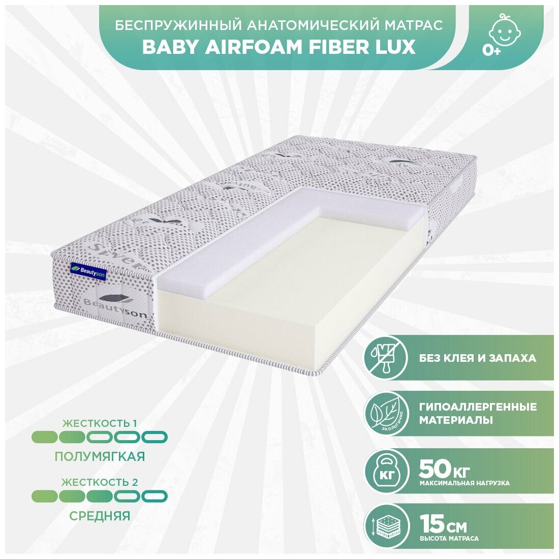 Матрас детский беспружинный Beautyson Baby AirFoam Fiber LUX 75x200 (Белый), без клея и запаха - фотография № 1