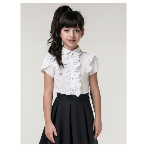 Блузка школьная, с коротким рукавом и рюшами, молочная, LETTY, LC7G-BL-8N-milk (128 молочный) белый  