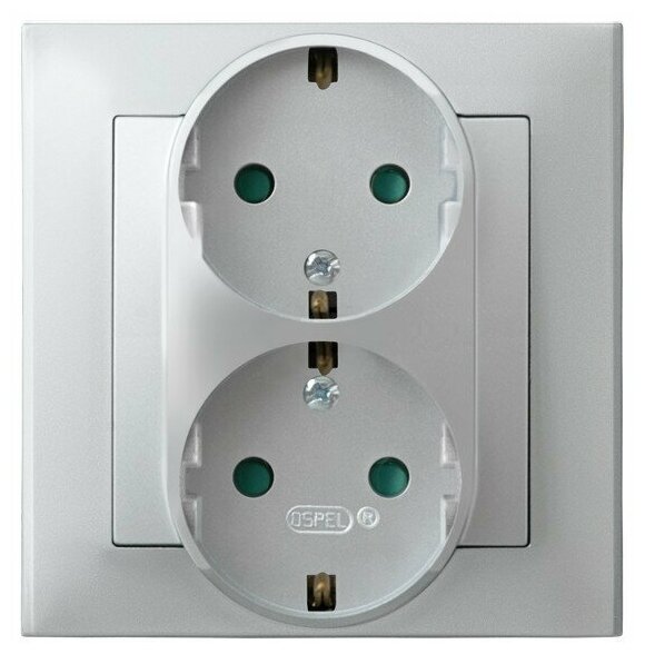 фото Ospel Sonata Серебро матовое Розетка 2-я с/з Schuko со шторками, с рамкой