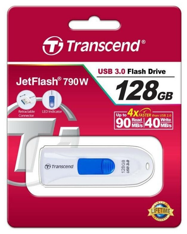 Флеш Диск Transcend 128Gb Jetflash 790 TS128GJF790W USB3.0 белый