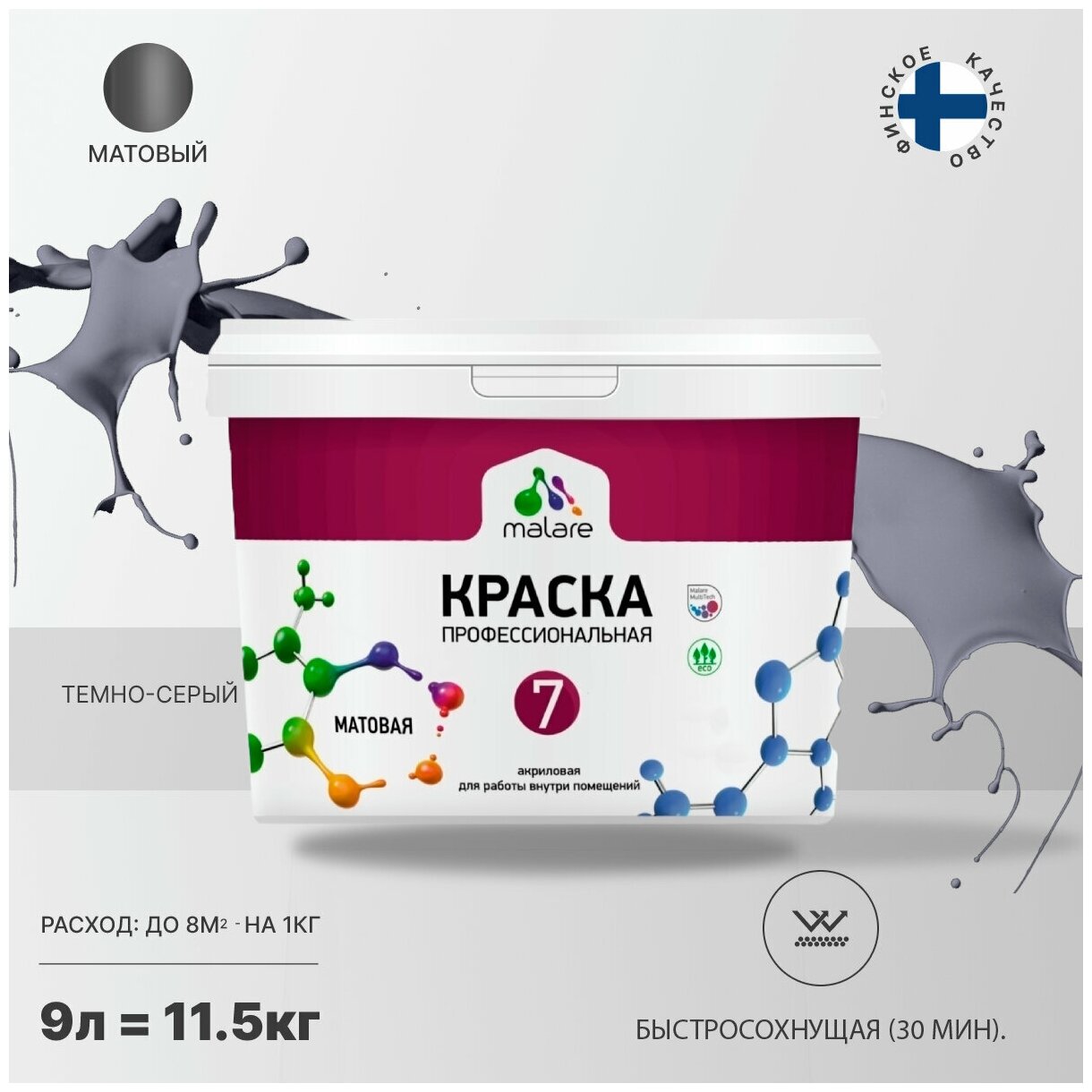 Краска Malare "Professional" Евро №7 для стен и обоев, потолка, деревянных и минеральных поверхностей, интерьерная акриловая, универсальная быстросохнущая без запаха матовая, темно-серый, (9л - 11.5кг).