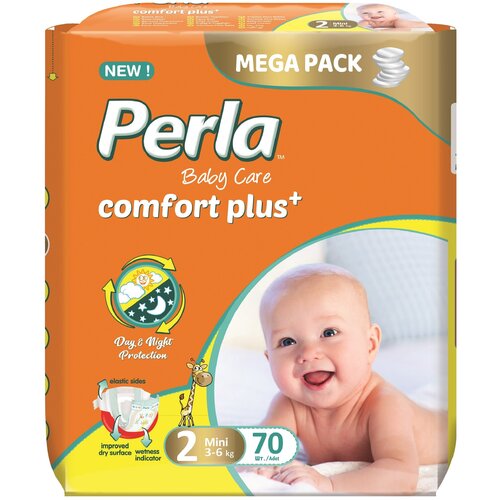 Подгузники Perla Mega Mini для новорожденных 3-6 кг, 2 размер, 70 шт, мегаупаковка, для мальчиков и девочек, Турция