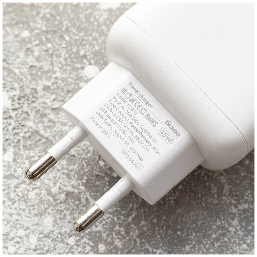 Сетевое зарядное устройство OLMIO 45W, Type-C +USB, PowerDelivery, Smart IC, белое - фото №6