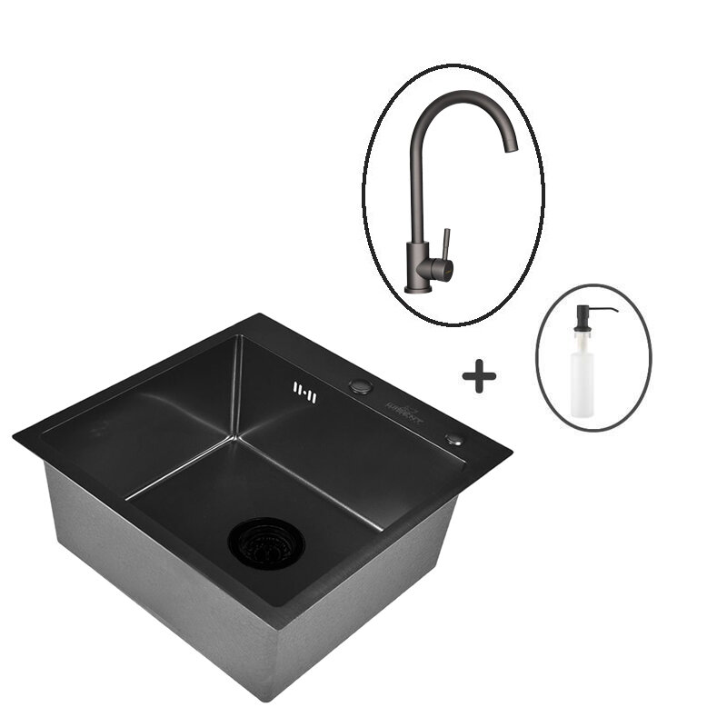 Комплект кухонная мойка из нержавеющей стали с PVD покрытием WISENT WGS35050B (50х50 см) со смесителем и дозатором
