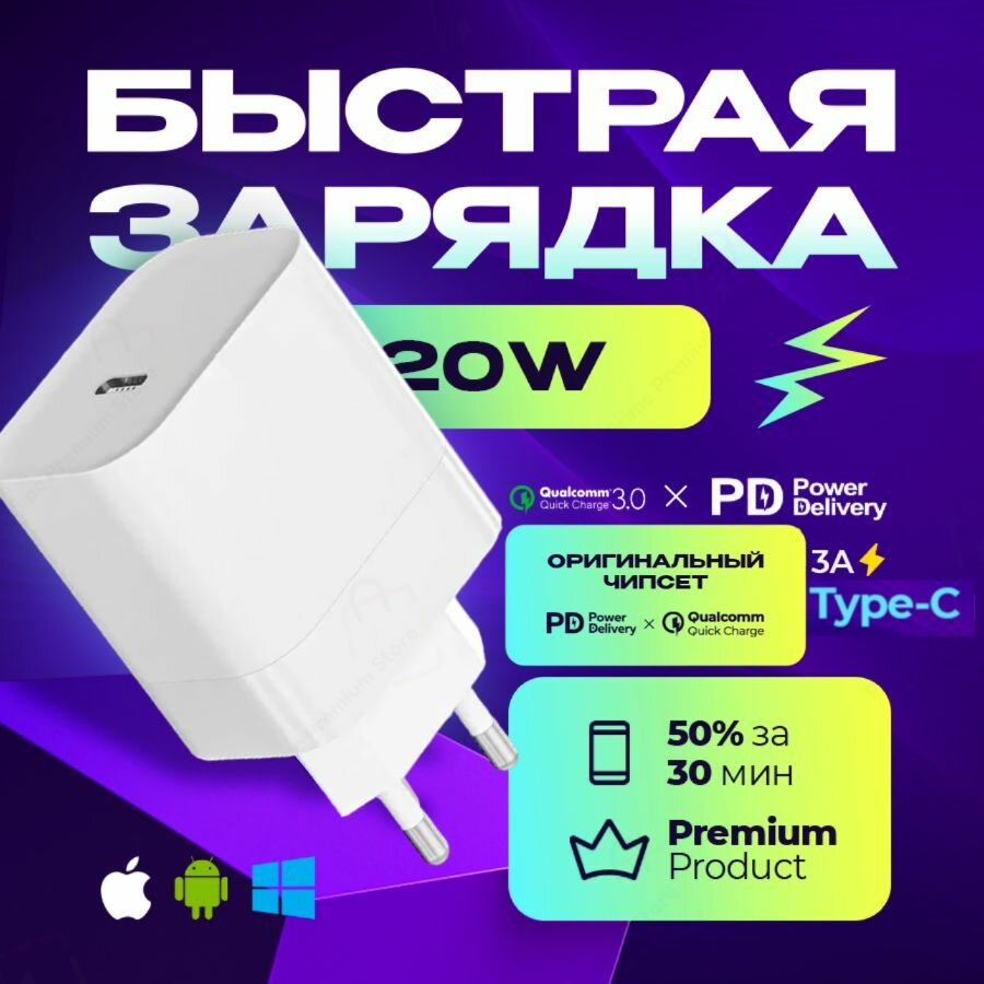 Сетевое зарядное устройство 20W QC3.0 быстрая , зарядка на , type c , для телефона , адаптер для , блок