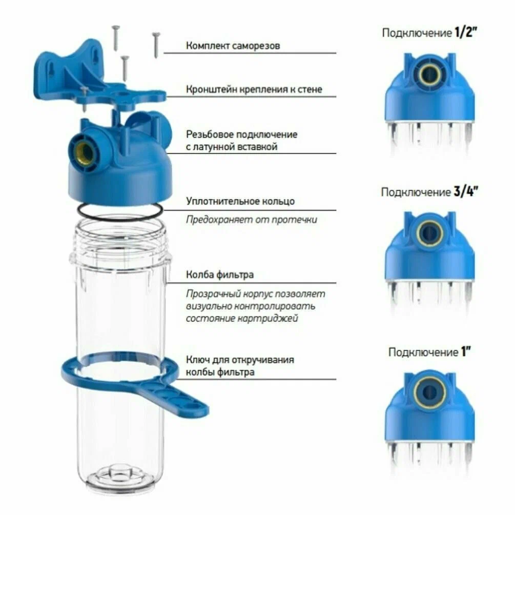 Прозрачный фильтр для холодной воды Аквабрайт АБФ-10-12, 2-35°, Подключение 1/2" (21мм). - фотография № 3