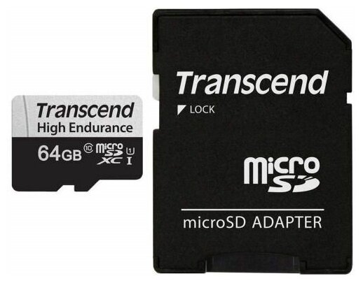 Карта памяти 64GB Transcend TS64GUSD350V microSDXC Class 10, UHS-I U1, High Endurance, (SD адаптер), R/W: 100/45 MB/s, 3D TLC