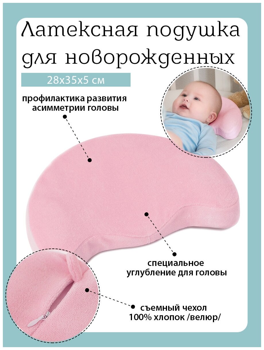 Детская ортопедическая подушка для новорожденных MEMORY FOAM Baby Nice "Мишка" для новорожденного с наволочкой, розовый