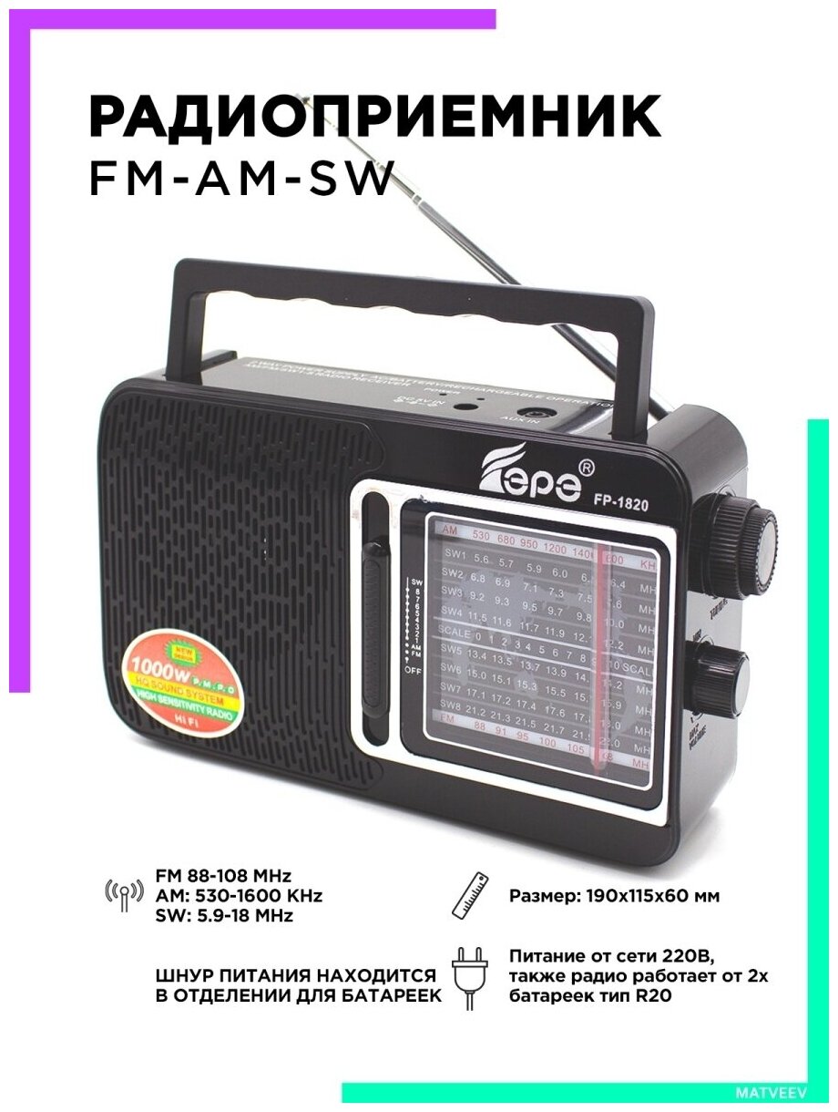 Радиоприемник AM-FM-SW, питание от сети 220В c MP3 плеером USB FP-1820черный Fepe