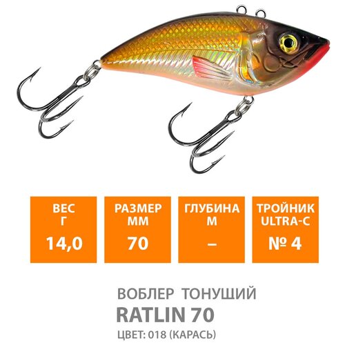 Воблер для рыбалки тонущий AQUA Ratlin 70mm 14g цвет 018 воблер aqua ratlin 70mm вес 14 0g цвет 018 карась 2 штуки