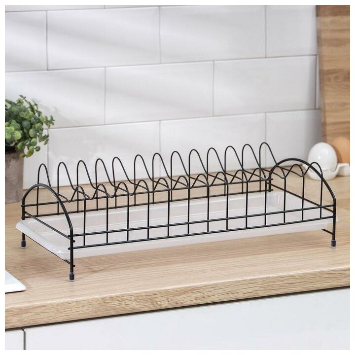 Сушилка для тарелок с поддоном Доляна, на 12 предметов, цвет чёрный, поддон микс, 6912526