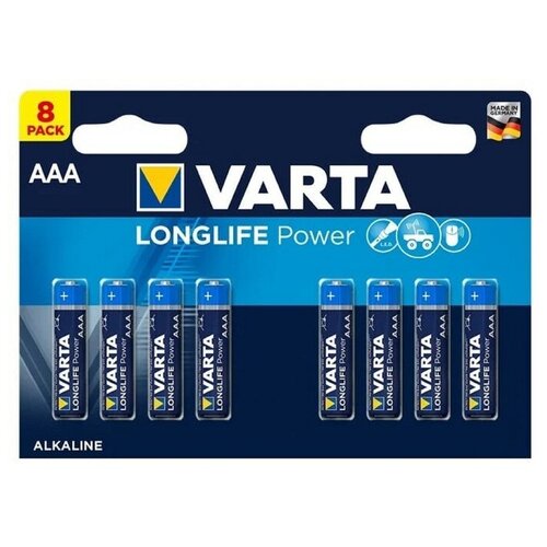 Батарейка алкалиновая Varta LongLife Power, AAA, LR03-8BL, 1.5В, блистер, 8 шт.