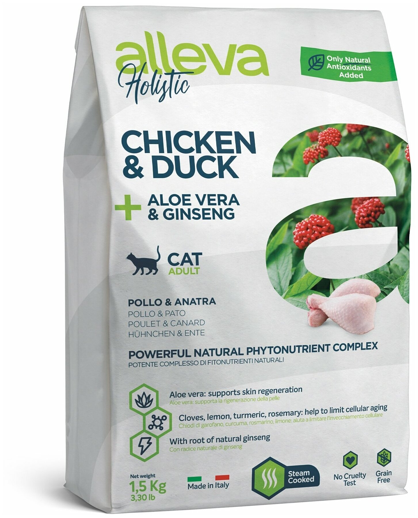 Alleva Holistic Cat Adult Chicken & Duck сухой корм для взрослых кошек с курицей и уткой, алое вера и женьшенем - 1,5 кг