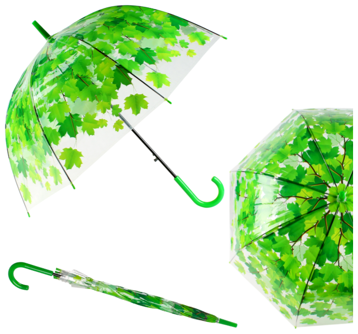 Зонт купол Листья зеленые Эврика, зонт-трость женский, детский, прозрачный, 8 спиц, диаметр купола 80 см
