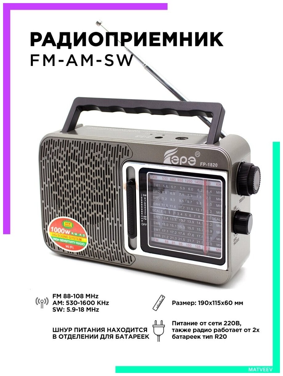 Fepe /FP-1820серебро Радиоприемник AM-FM-SW, питание от сети 220В - Радио c MP3 плеером USB