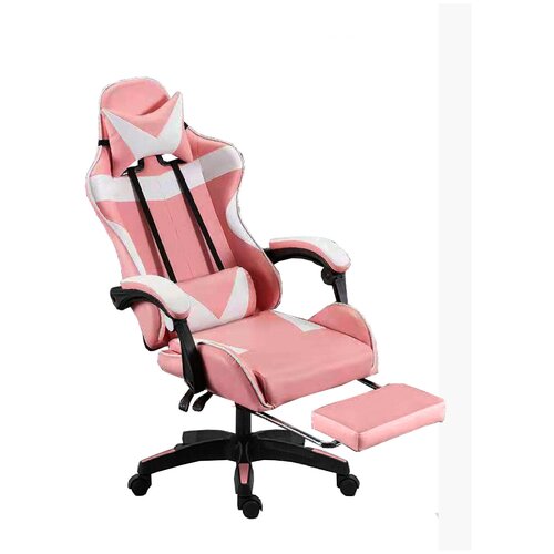 Геймерское игровое кресло (Розовый с белым, Основание пластик, С подставкой для ног)