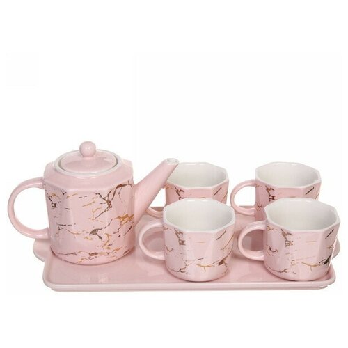 Чайный набор 6 предметов «Артемида» (Чайник заварочный 700мл+4кружки 180мл) на подносе, розовый
