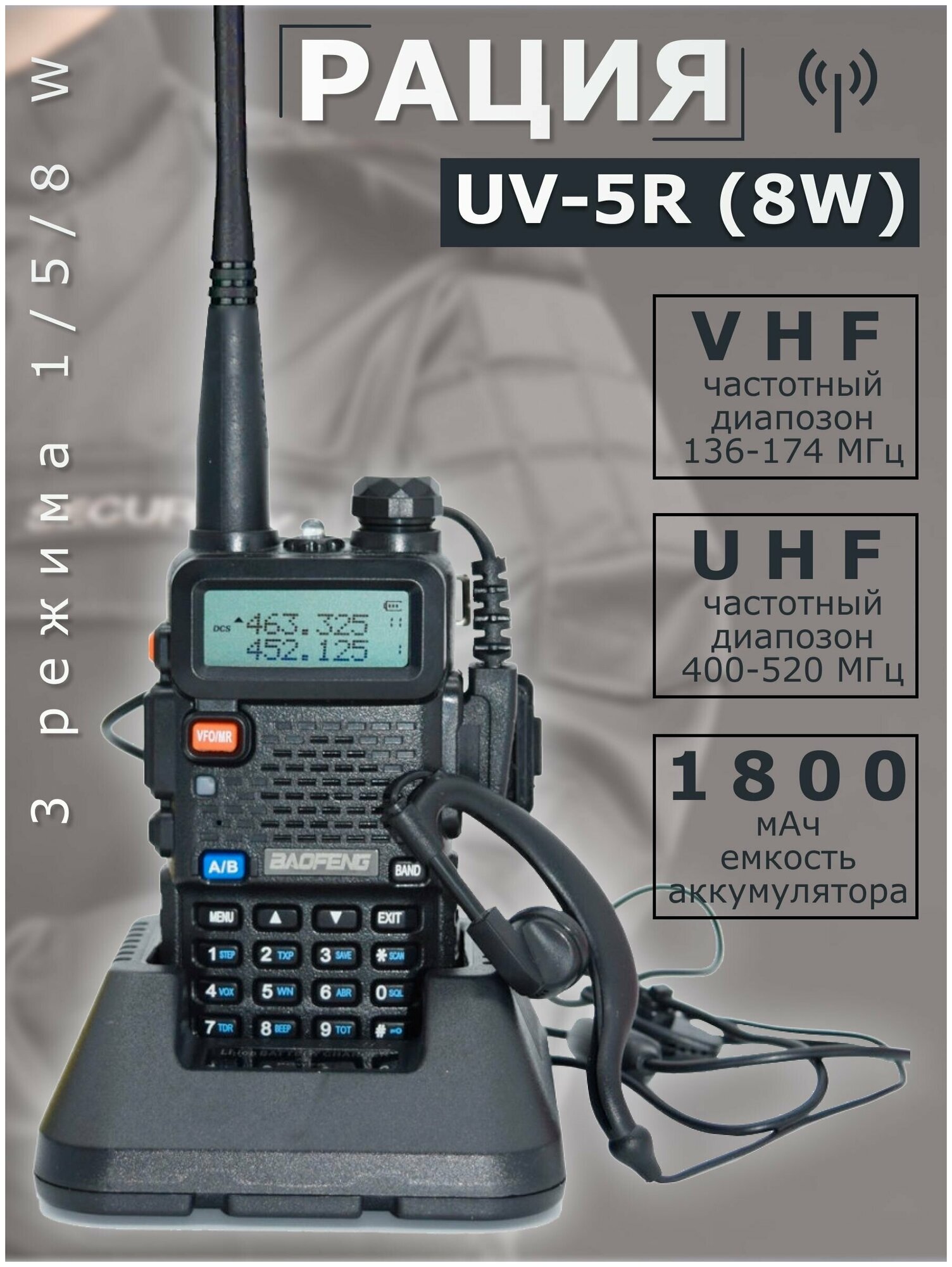 Рация Baofeng UV-5R 8W (3 режима мощности) черный