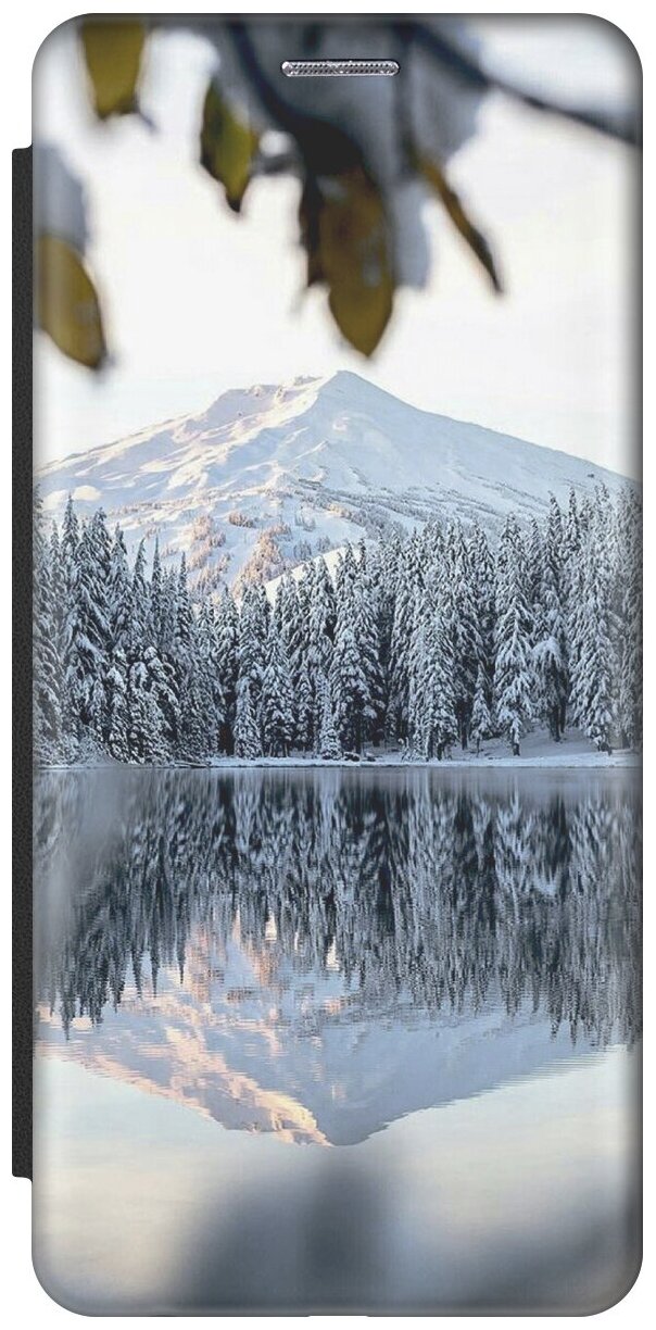 Чехол-книжка на Apple iPhone Xs / X / Эпл Айфон Икс / Икс Эс с рисунком "Озеро в заснеженном лесу" черный
