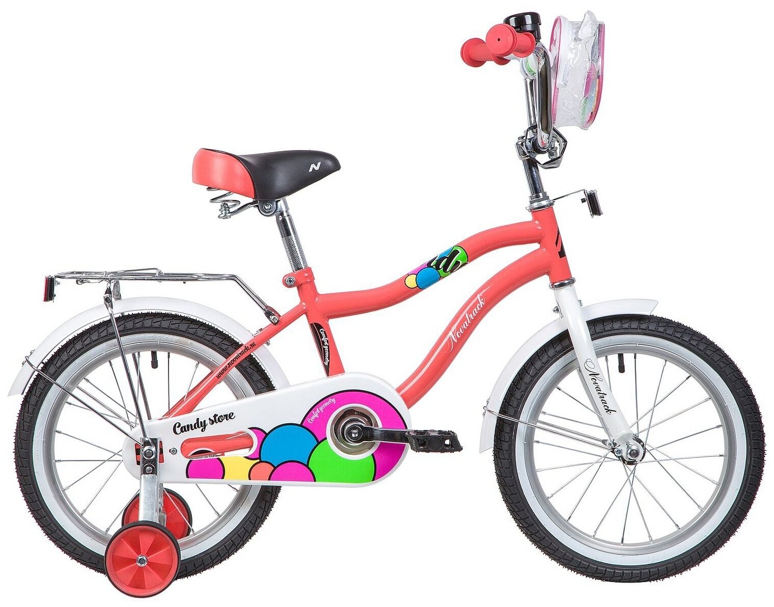 Велосипед NOVATRACK CANDY 16" (2019) (Велосипед NOVATRACK 16", CANDY, коралловый, полная защита цепи, тормоз нож, сумочка на руль, крылья)