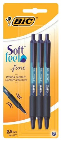 Ручки шариковые автоматические с грипом BIC "Soft Feel Fine", набор 3 шт, линия письма 0,8 мм, блистер, 893221