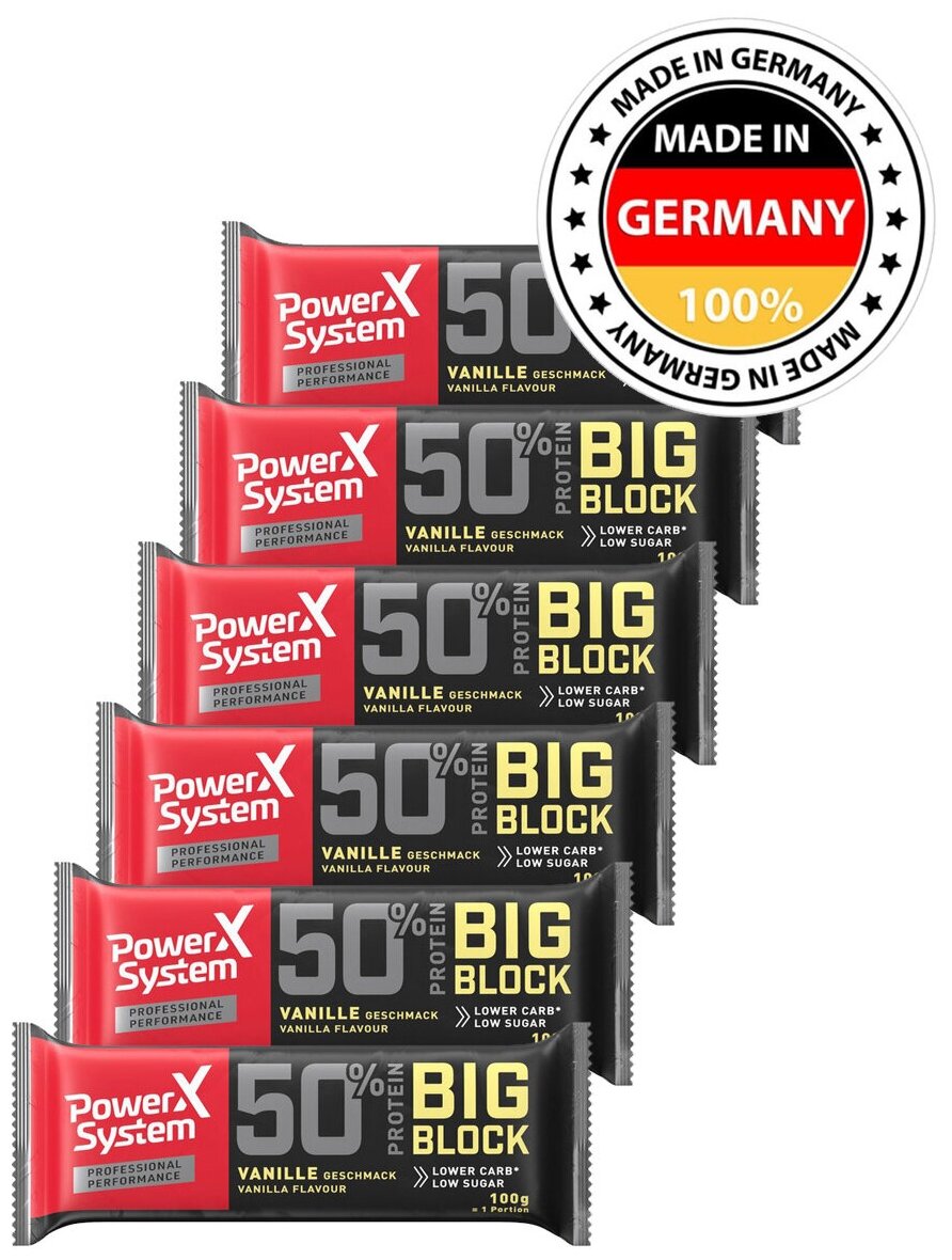 Протеиновый батончик с 50г белка / Power System Big Block Protein Bar (Ваниль) 6х100г / 50% белка с коллагеном для похудения и набора мышечной массы женщин и мужчин