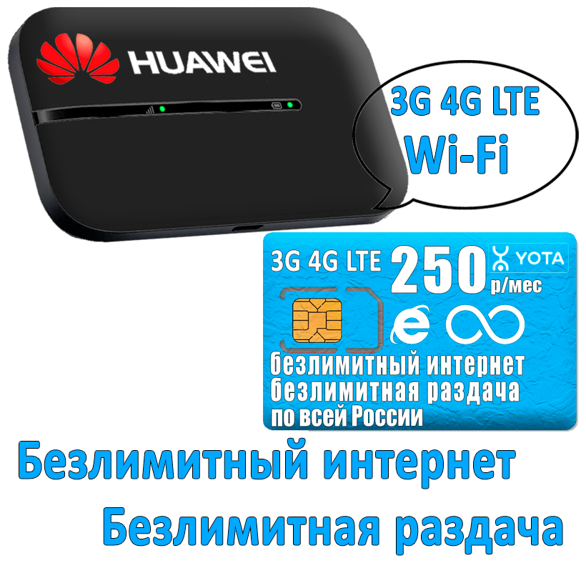 Комплект с безлимитным интернетом и раздачей, роутер Huawei E5576-320 + сим карта 250р/мес.