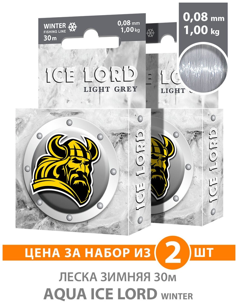 Леска для рыбалки зимняя AQUA Ice Lord Light Grey 0.08mm 30m цвет - светло-серый 1kg 2шт