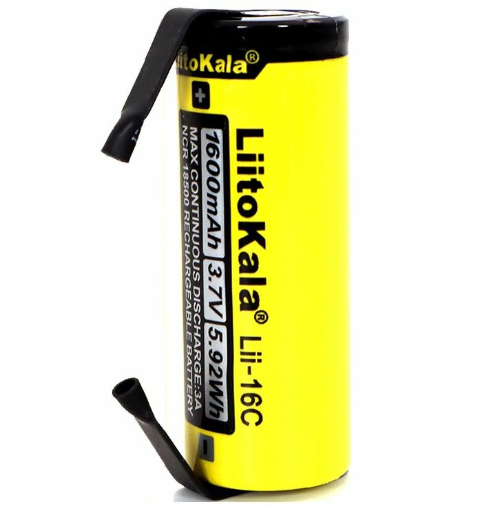 Аккумулятор Liitokala Lii-16C 18500 3.7V 1600mAh с контактами под пайку для ирригаторов, триммеров, щёток — фото 2