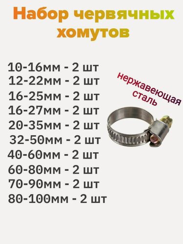 Изображение товара Набор червячных хомутов ДонСтрой Крепеж, нержавеющая сталь, от 10 до 100мм, по 2шт