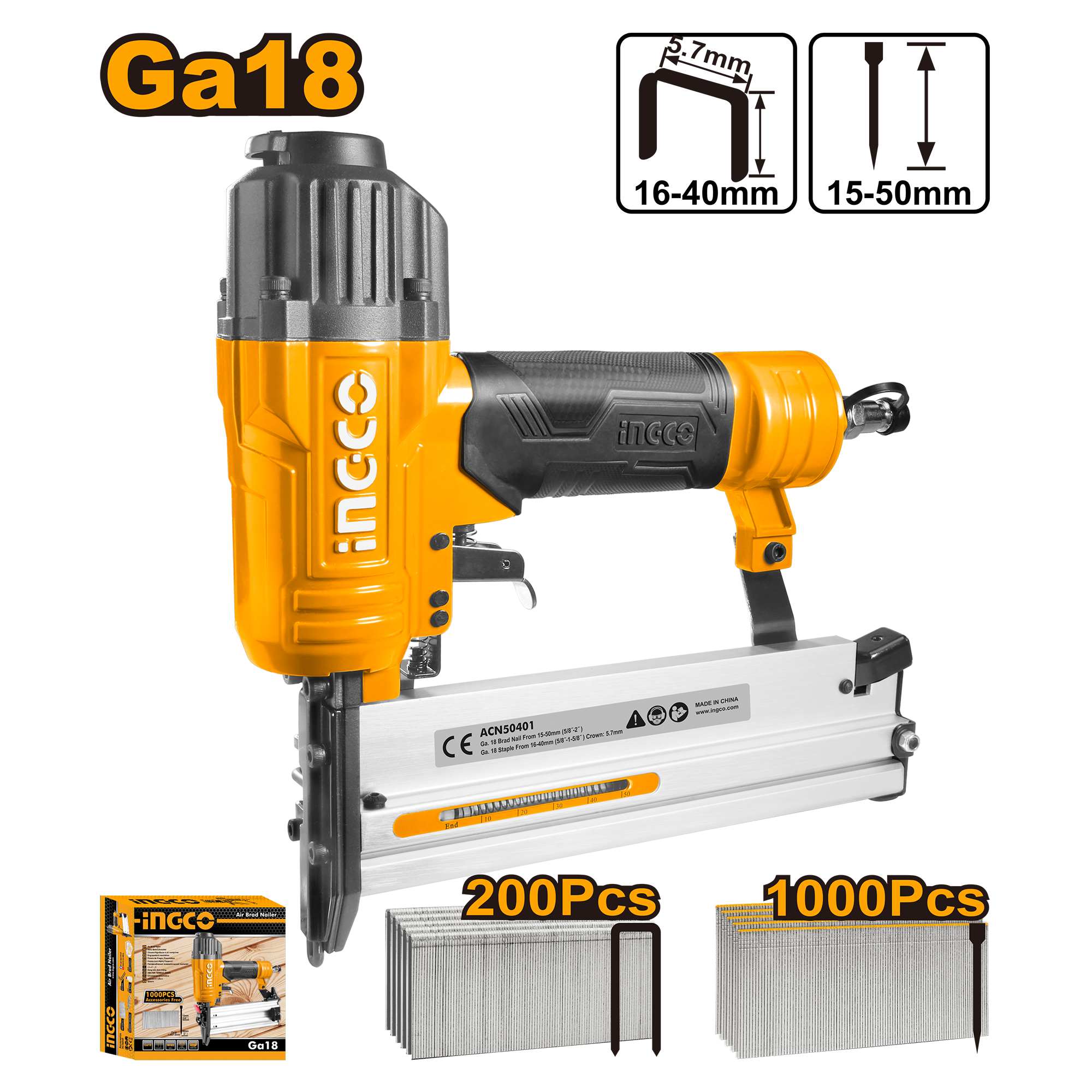 Пневматический степлер для скоб и гвоздей INGCO ACN50401 INDUSTRIAL Ga18 15-50 мм