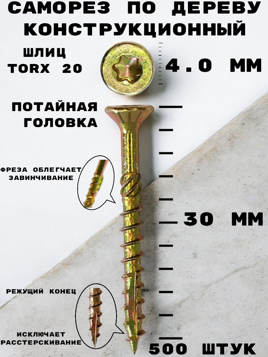 Саморез HIMTEXfix конструкционный отделочный по дереву, с потайной головкой 4,0*30, TORX 20, сталь, 500 шт.