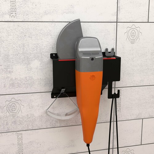 Держатель для угловых шлифмашинок от 115 до 230мм настенный с кромкой для защиты инструмента и крючками черный 2608₽