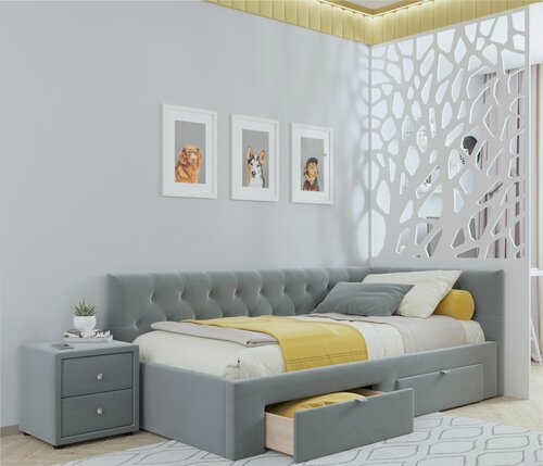 Изображение товара Односпальная кровать-тахта угловая Afelia 900 серая Zeppelin ортопед 90х200, мягкая из велюра, с ящиками