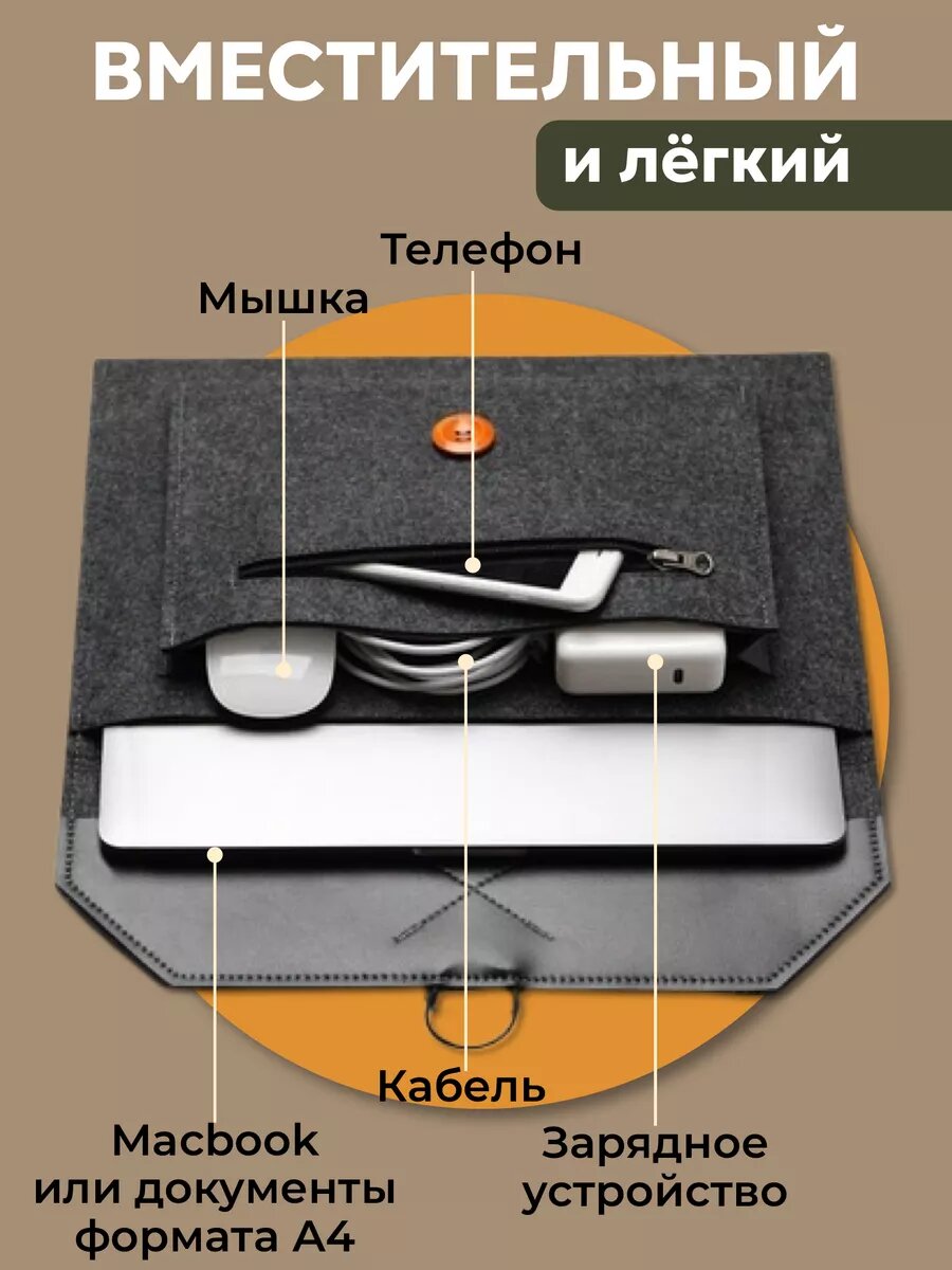 Чехол конверт сумка для ноутбука MacBook Air/Pro 13/14, фетровый — фото 1