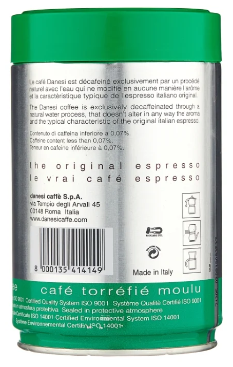 Кофе молотый Danesi Decaf (Эспрессо без кофеина), ж/б, 250гр - фотография № 6