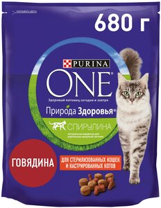 Сухой корм Purina ONE Природа Здоровья для стерилизованных кошек и кастрированных котов с говядиной, 680 г