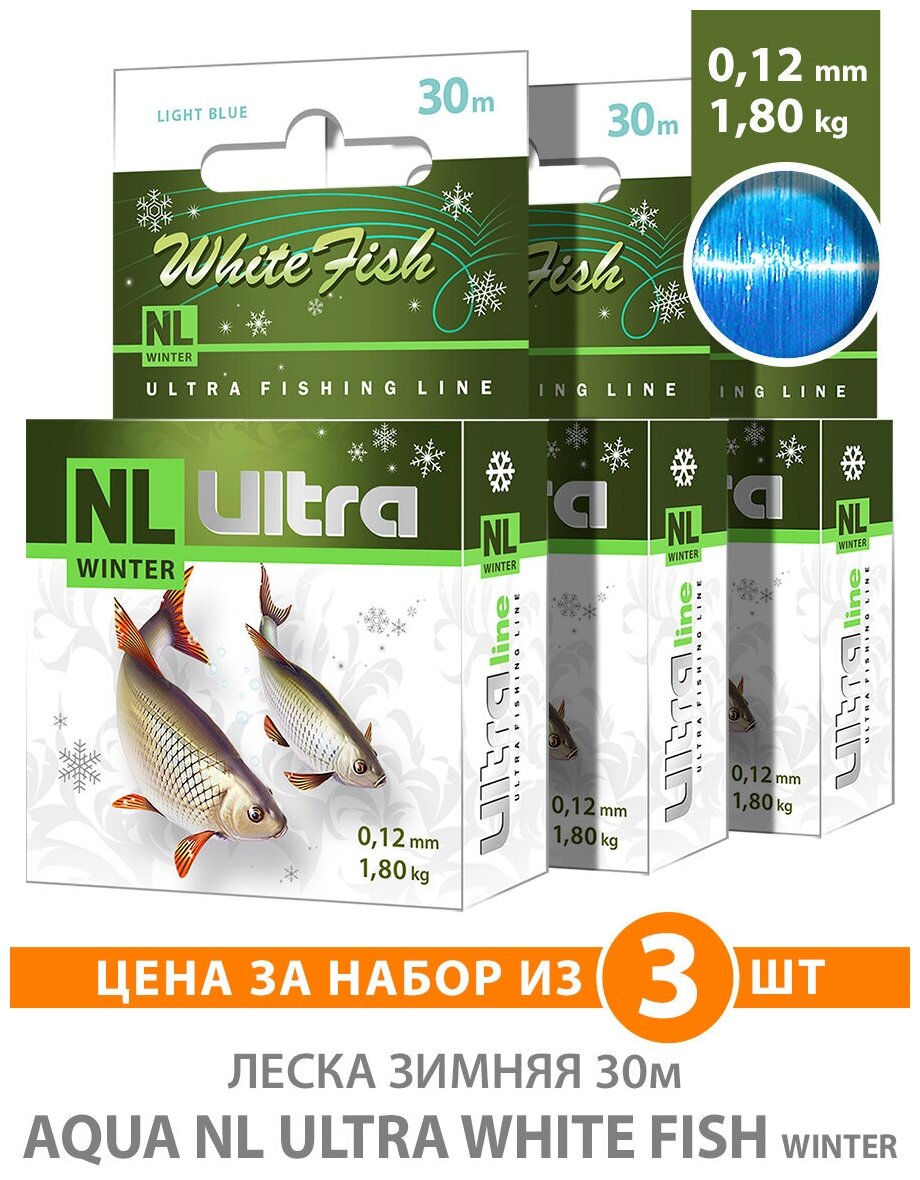 Леска для рыбалки зимняя AQUA NL Ultra White Fish (Белая рыба) 30m 0.12mm 1.8kg 3шт