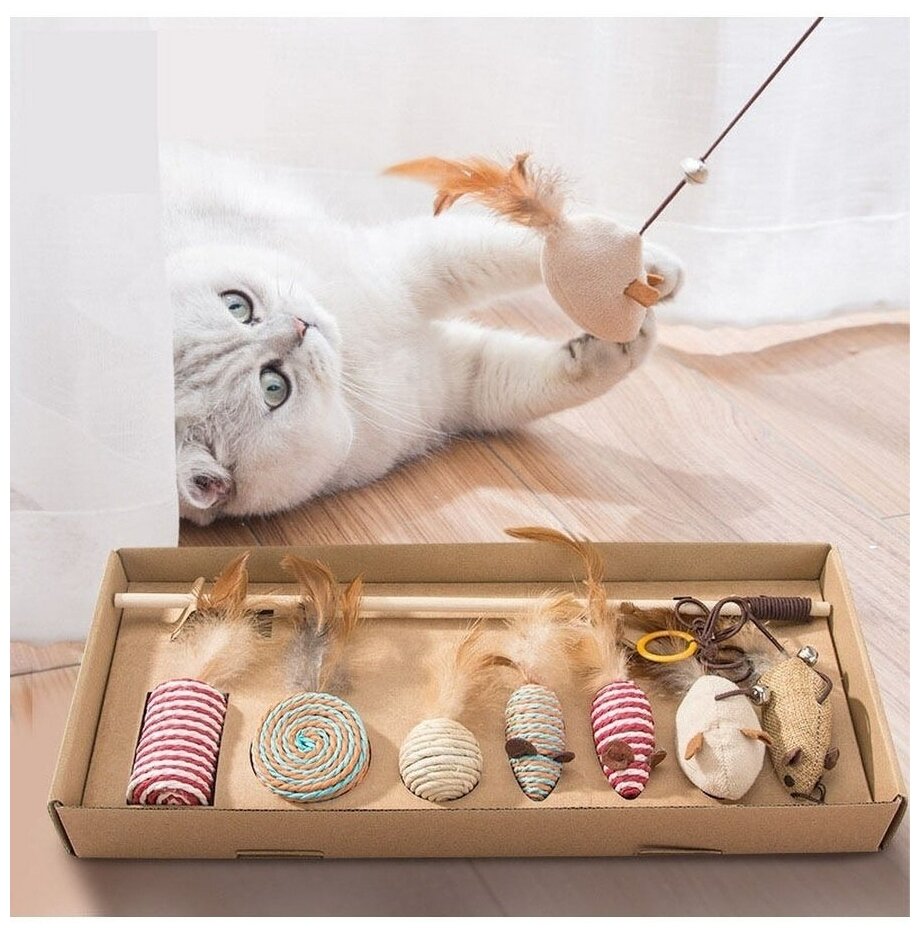 Набор игрушек для кошек в коробке 7 шт с удочкой-дразнилкой, мышки с перьями и д.р - фотография № 5
