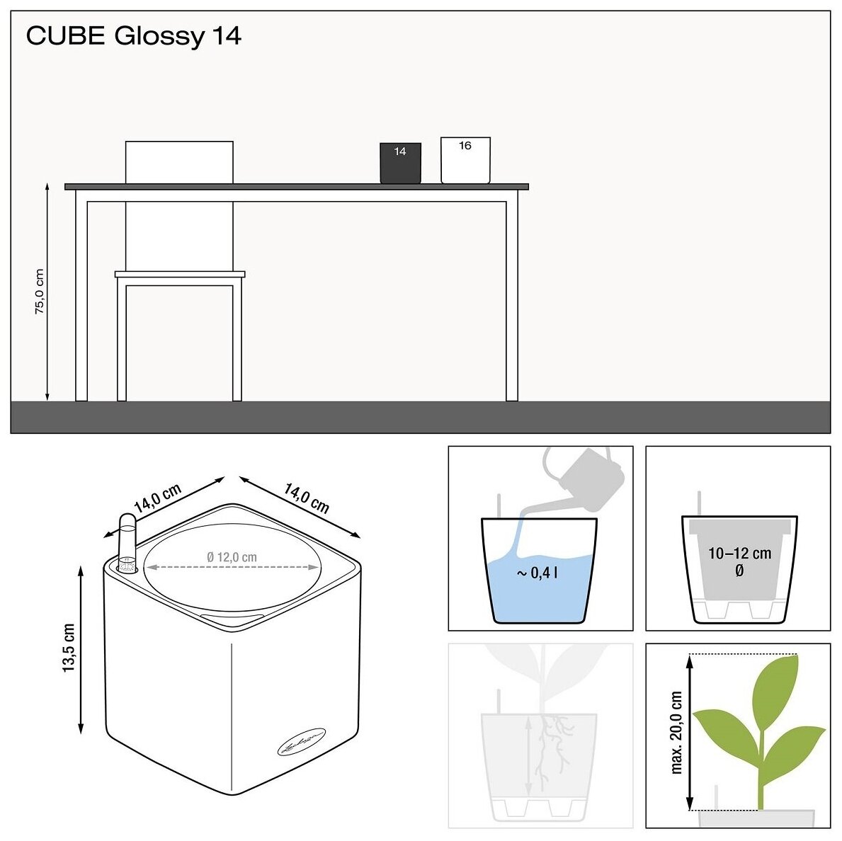 Кашпо с автополивом Lechuza CUBE Glossy 16 белое L17 W17 H16 см