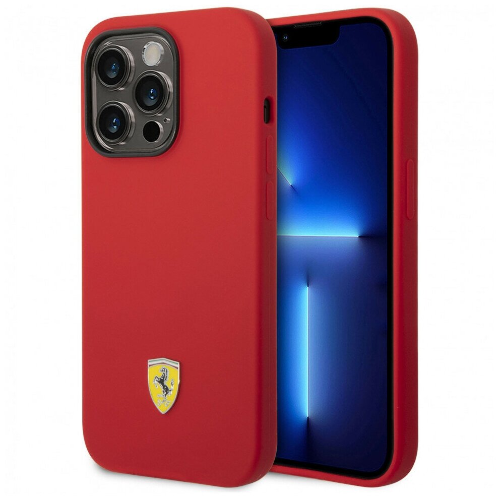 Чехол Ferrari Liquid Silicone with metal logo Hard для iPhone 14 Pro Max, красный