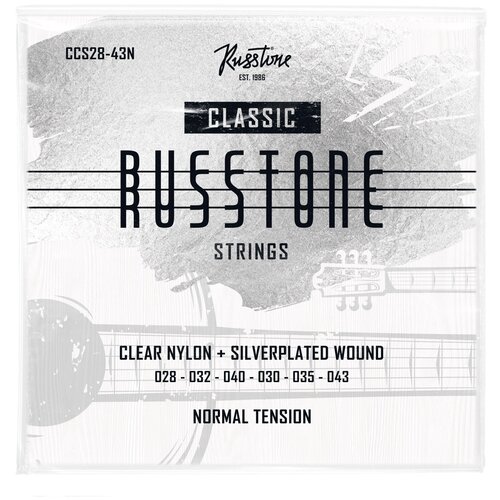 Струны для классической гитары Russtone CCS28-43N, Серия: Clear Nylon, Обмотка: посеребрёная, Натяжение: среднее, Калибр: 28-32-40-30-35-43.