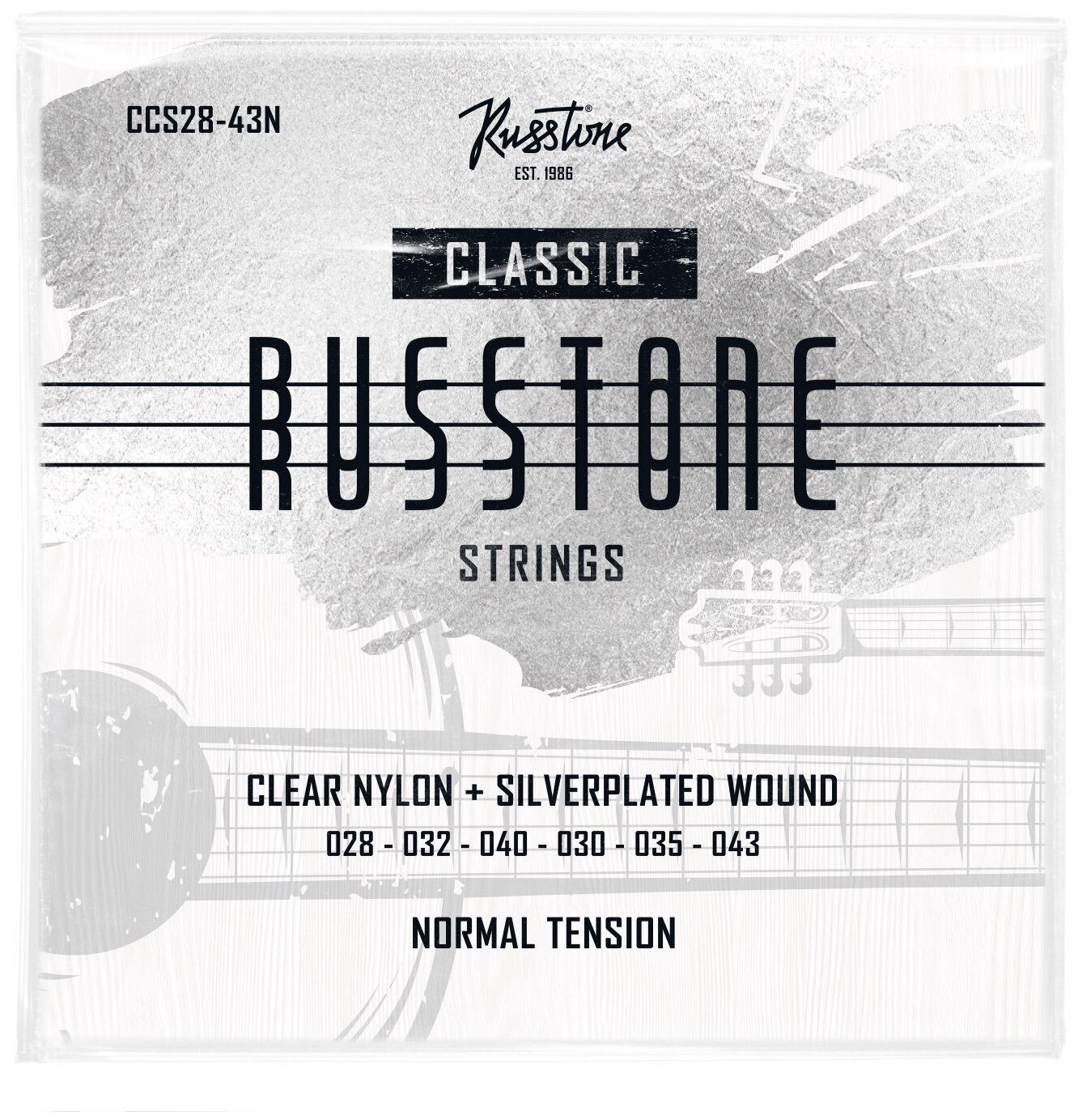 Russtone CCS28-43N - Струны для классической гитары, Серия: Clear Nylon, Обмотка: посеребрёная, Натяжение: среднее, Калибр: 28-32-40-30-35-43.