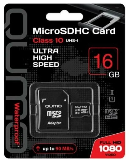 Карта памяти 16GB Qumo QM16GMICSDHC10U1 microSDHC Class 10 UHS-I + SD адаптер