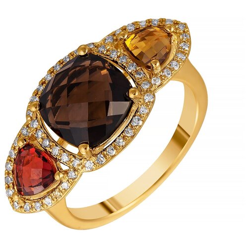 кольца magic stones золотое кольцо с раухтопазом Кольцо JV, желтое золото, 585 проба, гранат, бриллиант, раухтопаз, цитрин, размер 17.5