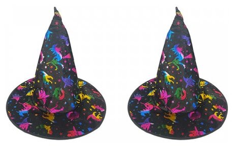 Колпак черный "Шляпа хэллоуин", костюм ведьмы с разноцветными тыквами, ведьмами, кошками (Набор 2 шт.)