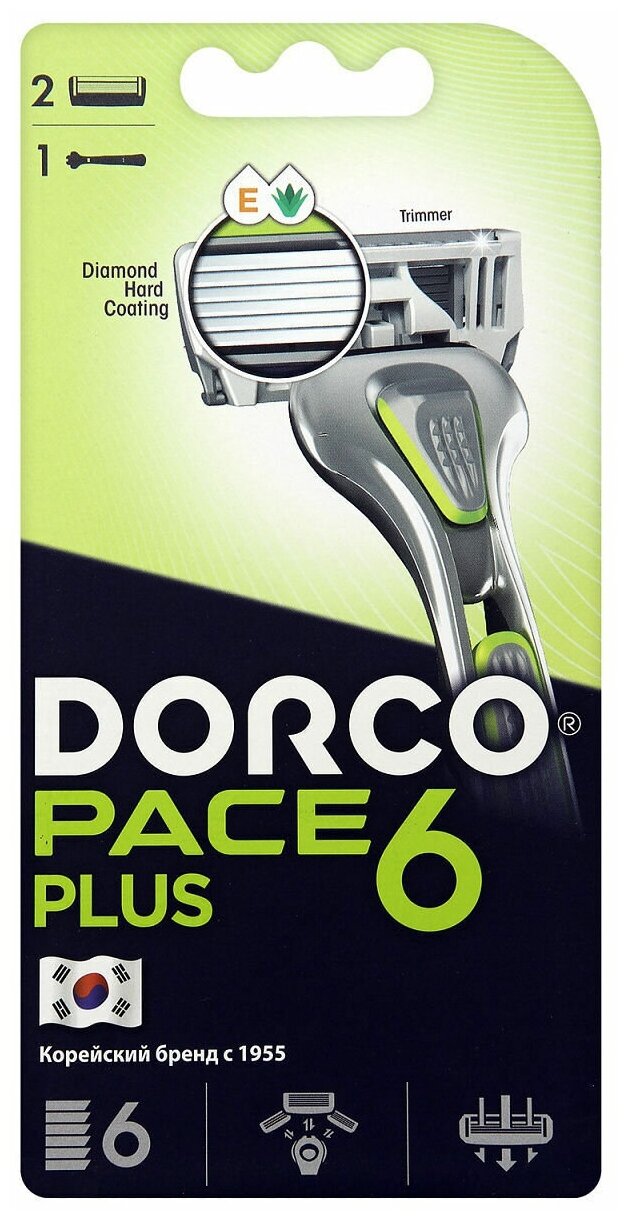 Dorco PACE 6 Plus Бритва мужская безопасная с 6 лезвиями с триммером + 1 сменный картридж