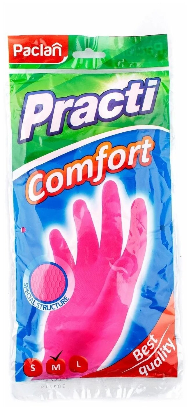 Paclan Practi Comfort Перчатки резиновые размер М, розовые 1 пара